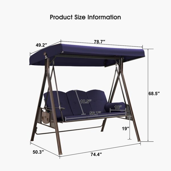 716mn0mjpAL-1.jpg PURPLE LEAF 3-Seat Deluxe Outdoor Patio Porch Swing with Weather Resistant Steel Frame, Adjustable Tilt Canopy, Cushions and Pillow Included, Navy Blue