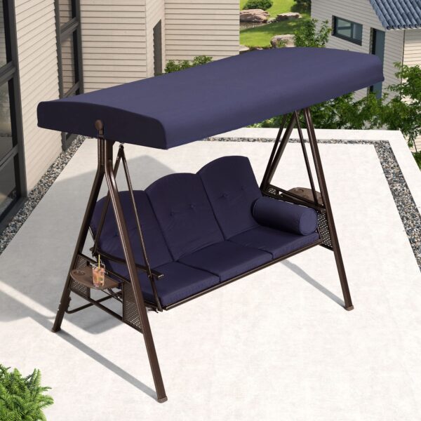 810STW3xW3L-1.jpg PURPLE LEAF 3-Seat Deluxe Outdoor Patio Porch Swing with Weather Resistant Steel Frame, Adjustable Tilt Canopy, Cushions and Pillow Included, Navy Blue