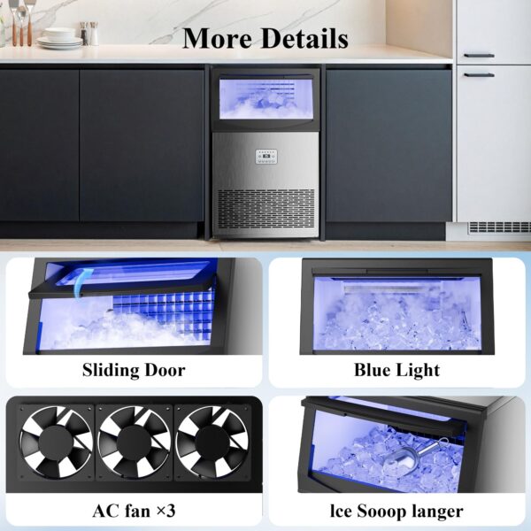 Commercial Ice Maker, 240 lbs/24H, 96 Cubes in 14 Min, 50 lbs Storage, Self-Cleaning, Water Filter, Stainless Steel