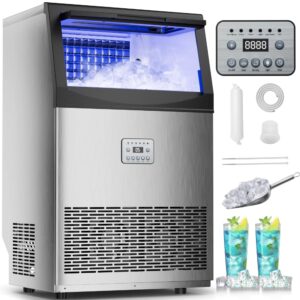Commercial Ice Maker, 240 lbs/24H, 96 Cubes in 14 Min, 50 lbs Storage, Self-Cleaning, Water Filter, Stainless Steel