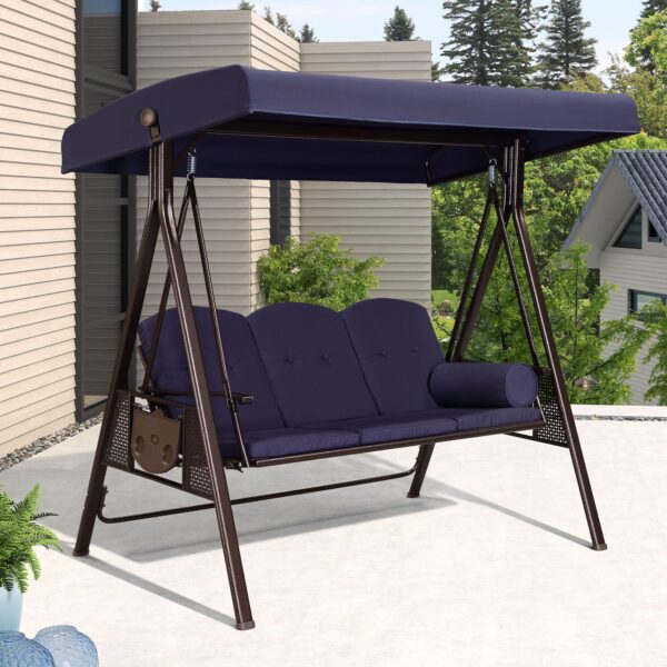 81r8pS41EpL-1.jpg PURPLE LEAF 3-Seat Deluxe Outdoor Patio Porch Swing with Weather Resistant Steel Frame, Adjustable Tilt Canopy, Cushions and Pillow Included, Navy Blue