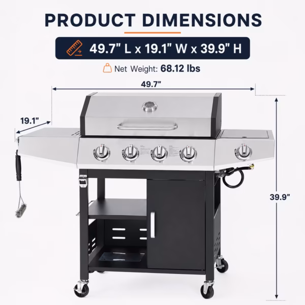 Seizeen 4 Burner Gas Grill with Side Burner, 50,000 BTU Stainless Steel BBQ Grill with Side Shelf, Tank Hook, Towel Rack & Bottle Opener, Outdoor Patio Propane Grill for Backyard, Camping
