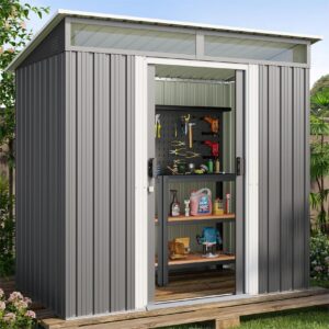 Lofka Outdoor Storage Shed with with Sliding Doors, 6x4" Metal Garden Shed with Transparent Panel Windows for Patio & Lawn, Gray