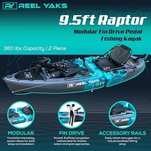 m2-10-1.webp Reel Yaks Raptor Modular Fishing Kayak – 9.5ft Lightweight Sit On Top Kayak for Adults & Youth – Stable & Portable, Ideal Space-Saving Design for Travels – 380lbs Capacity