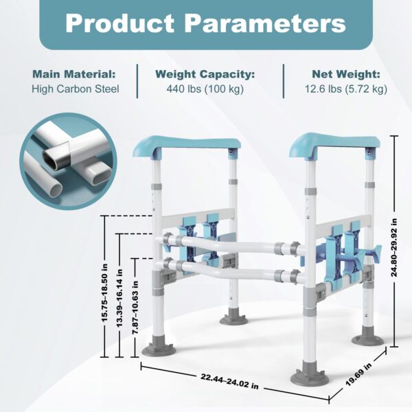 3-Way Adjustable Toilet Safety Frame, Anti-Slip Handrails, Suction Cups, Supports 220 lbs