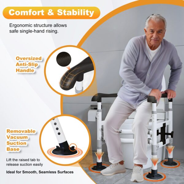 3-Way Adjustable Toilet Safety Frame, Anti-Slip Handrails, Suction Cups, Supports 220 lbs
