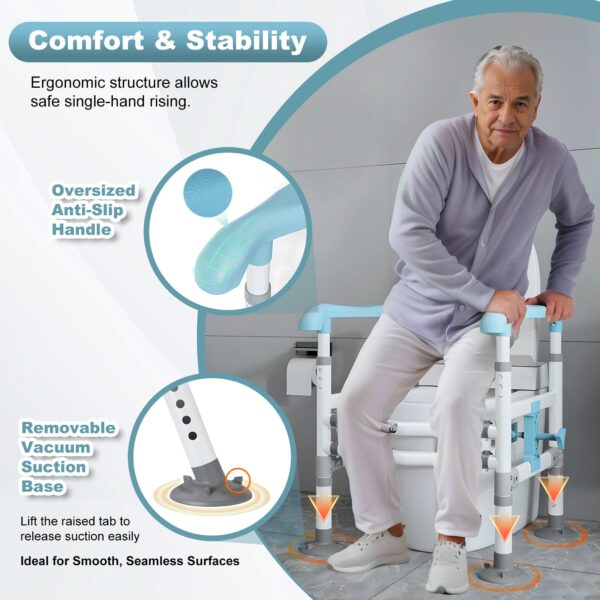 3-Way Adjustable Toilet Safety Frame, Anti-Slip Handrails, Suction Cups, Supports 220 lbs