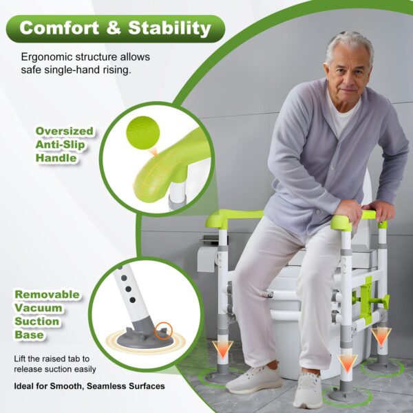 3-Way Adjustable Toilet Safety Frame, Anti-Slip Handrails, Suction Cups, Supports 220 lbs