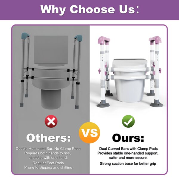 3-Way Adjustable Toilet Safety Frame, Anti-Slip Handrails, Suction Cups, Supports 220 lbs