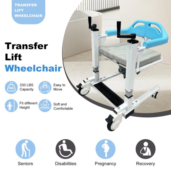 Transfer Lift Wheelchair with Commode, 14.96-22.83 Adjustable Height, Supports 330 lbs