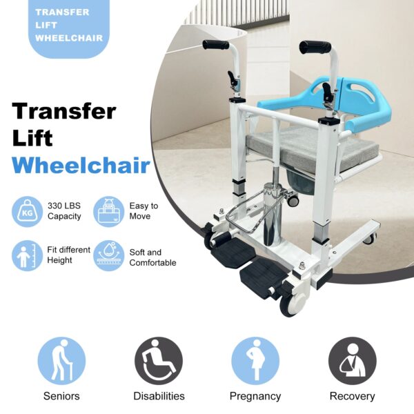 Transfer Lift Wheelchair with Commode, 14.96-22.83 Adjustable Height, Supports 330 lbs