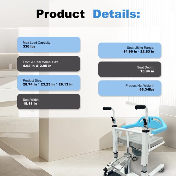 Transfer Lift Wheelchair with Commode, 14.96-22.83 Adjustable Height, Supports 330 lbs