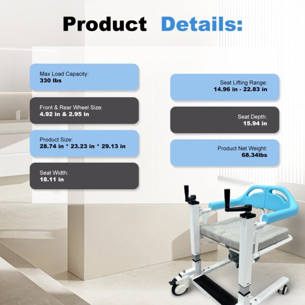 Transfer Lift Wheelchair with Commode, 14.96-22.83 Adjustable Height, Supports 330 lbs