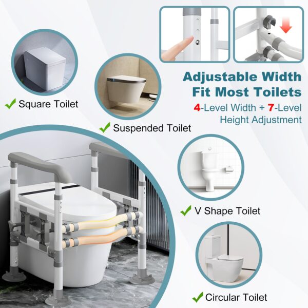 3-Way Adjustable Toilet Safety Frame, Anti-Slip Handrails, Suction Cups, Supports 220 lbs